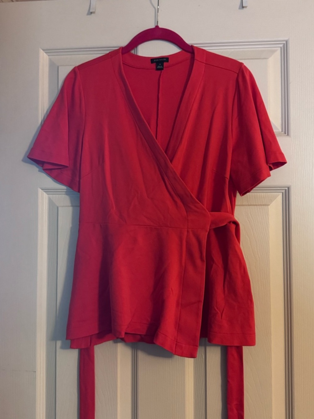 Ann Taylor Red Wrap Short-Sleeve Peplum Blouse